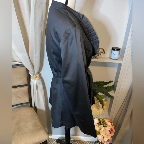 Blue Medium Ruffle Tie Waist Button Women’s Trench Coat Jacket GUC Faux Pockets - Picture 4 of 12